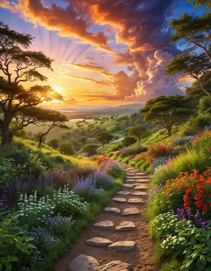 A serene landscape transitioning from a calm sunrise symbolizing contentment to a dazzling sunset filled with vibrant colors illustrating ecstasy. Include a winding path leading through lush greenery, dotted with joyful people engaging in activities that reflect happiness. Soft clouds hovering above, with rays of light breaking through to illuminate the pathway. super-realistic. vibrant colors. wide aspect ratio.