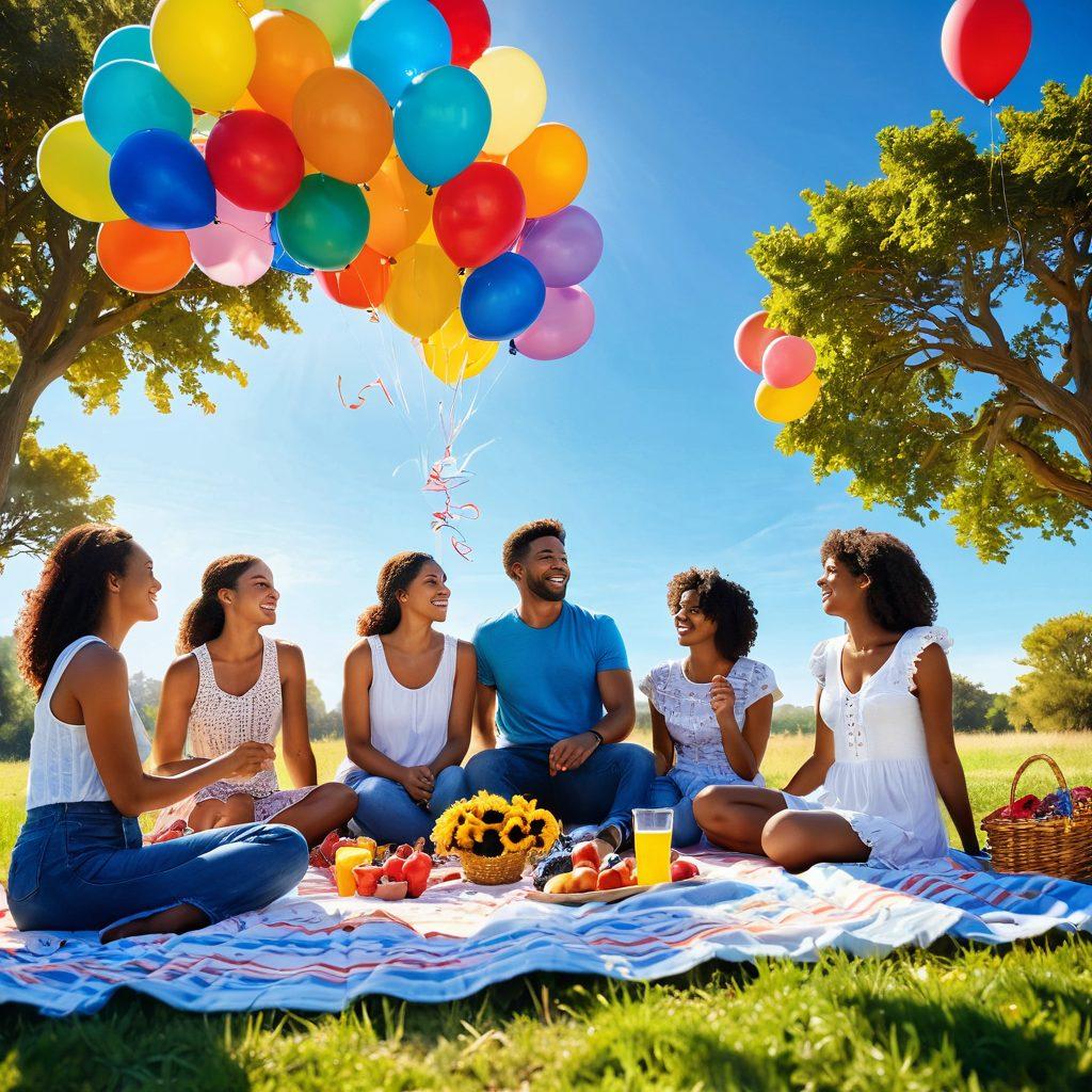 A sun-drenched landscape featuring diverse individuals sharing joyous moments, surrounded by vibrant flowers and colorful balloons, each radiating a warm smile. In the background, a clear blue sky invites a picnic with friends, and rays of sunshine illuminate the scene, symbolizing positivity and cheerfulness. super-realistic. vibrant colors. soft-focus.