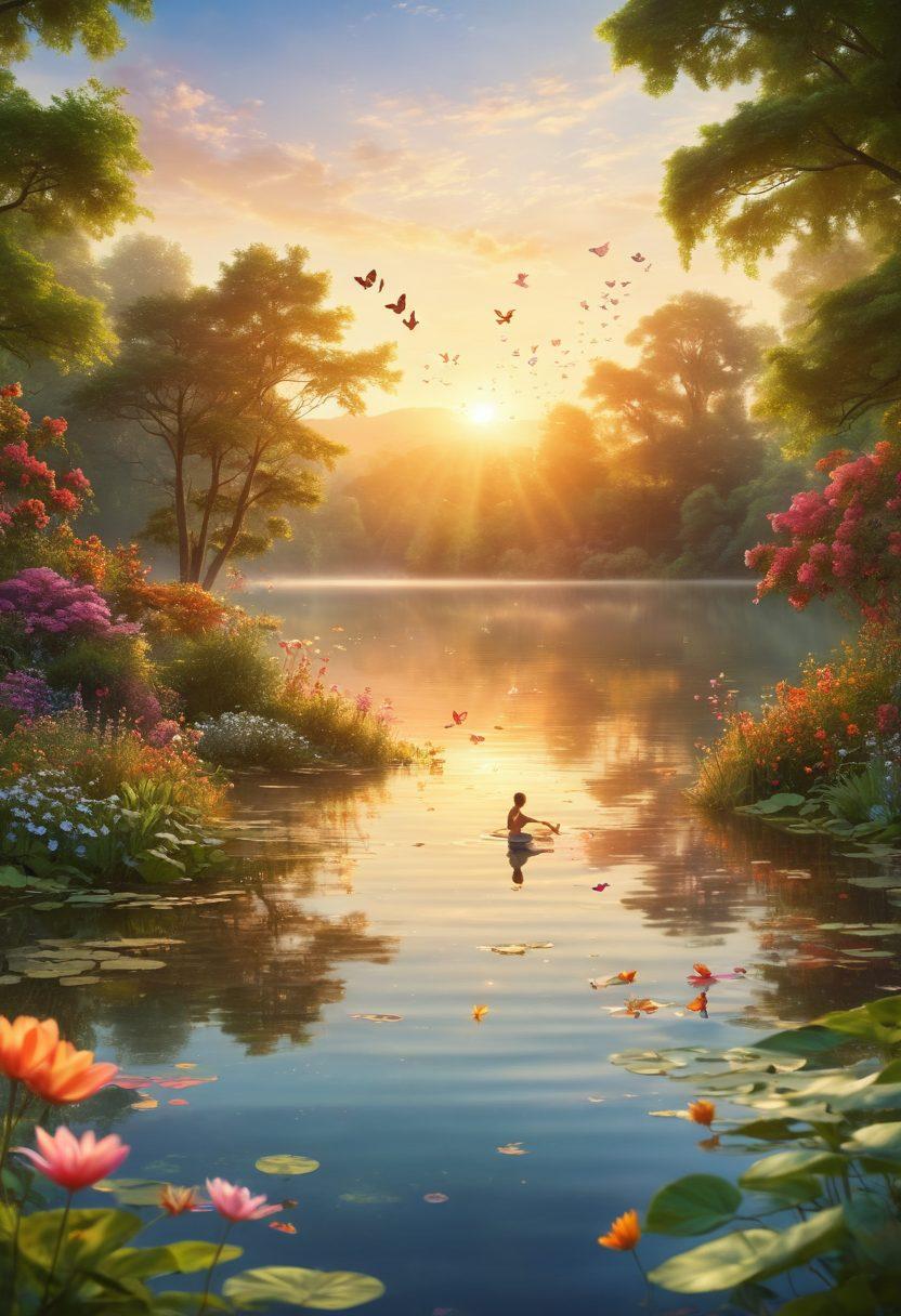 A serene landscape showcasing a radiant sunrise over a peaceful lake, with joyful individuals practicing yoga by the water's edge, surrounded by lush greenery and blooming flowers. Include symbols of happiness like butterflies and birds soaring in the sky. The scene should evoke feelings of tranquility and bliss. super-realistic. vibrant colors. soft focus.